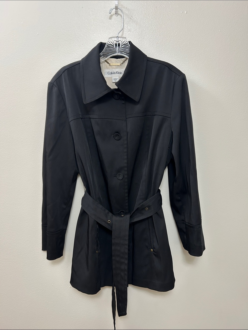 Calvin Klein Classic Black Belted Short Trench Coat Size-Small